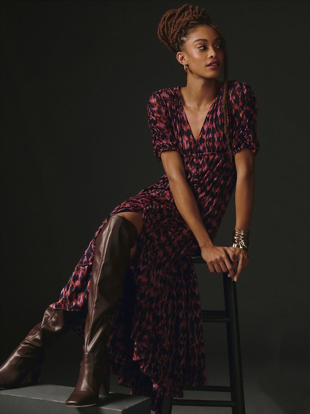 Anthropologie Maeve Printed Ruched Sleeve Maxi Dress in Purple Motif - sz Small